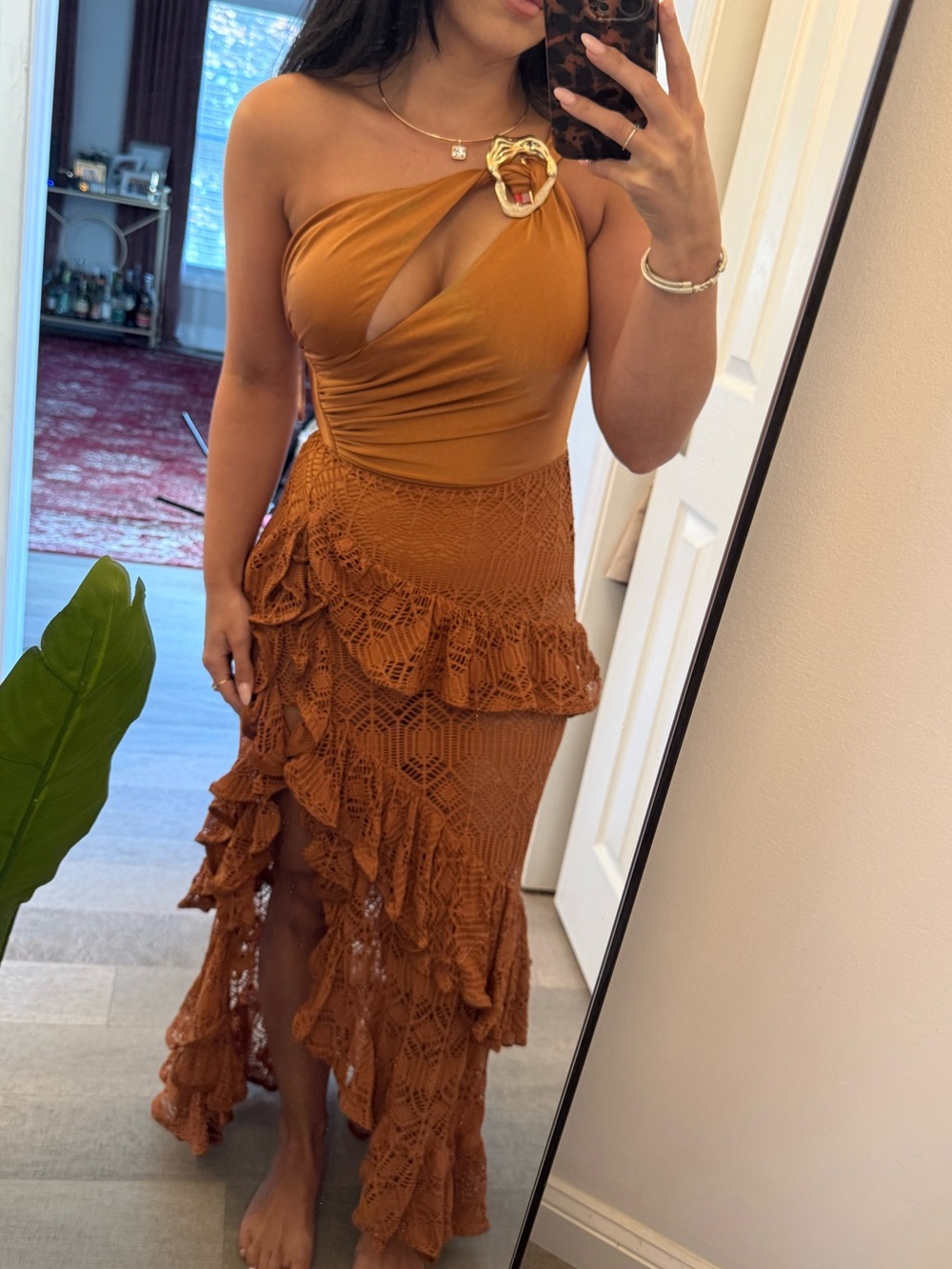 Patbo One-Shoulder Rust Crochet Ruffle Maxi Dress - Picture 4 of 6